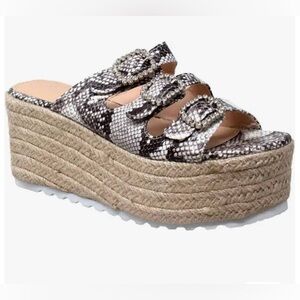 SOBEYO Grey and White Snake Print Espadrille Wedge Sandals w/Rhinestone Buckles
